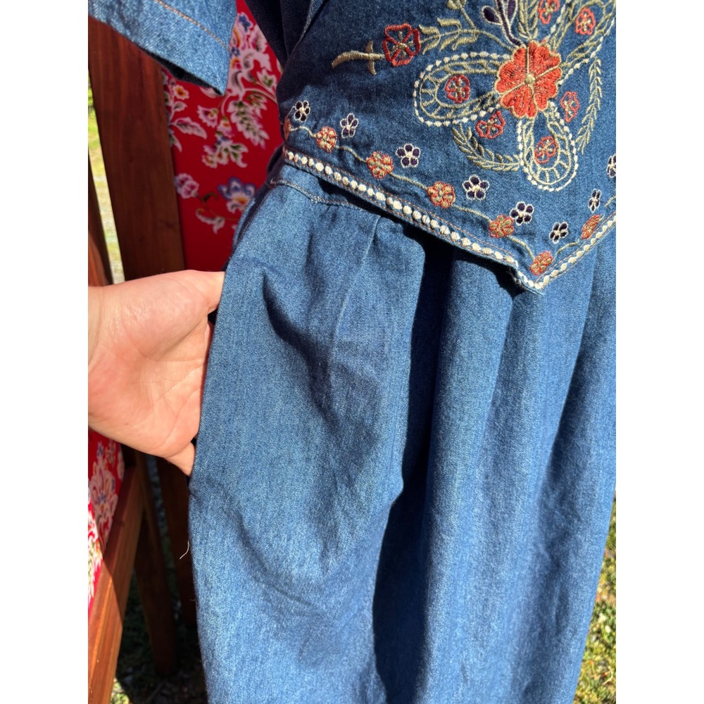 VTG 90's 100% Cotton Soft Denim Embroidered Western Prairie Maxi Dress Size L - Picture 5 of 16